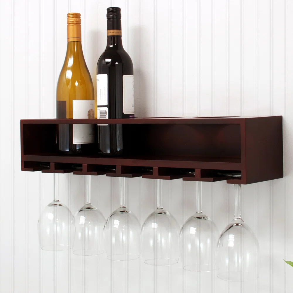 Adouer Wood "Wall-Mounted Wooden Wine Rack with Glass Holder - Holds 6 Glasses and 4 Bottles"