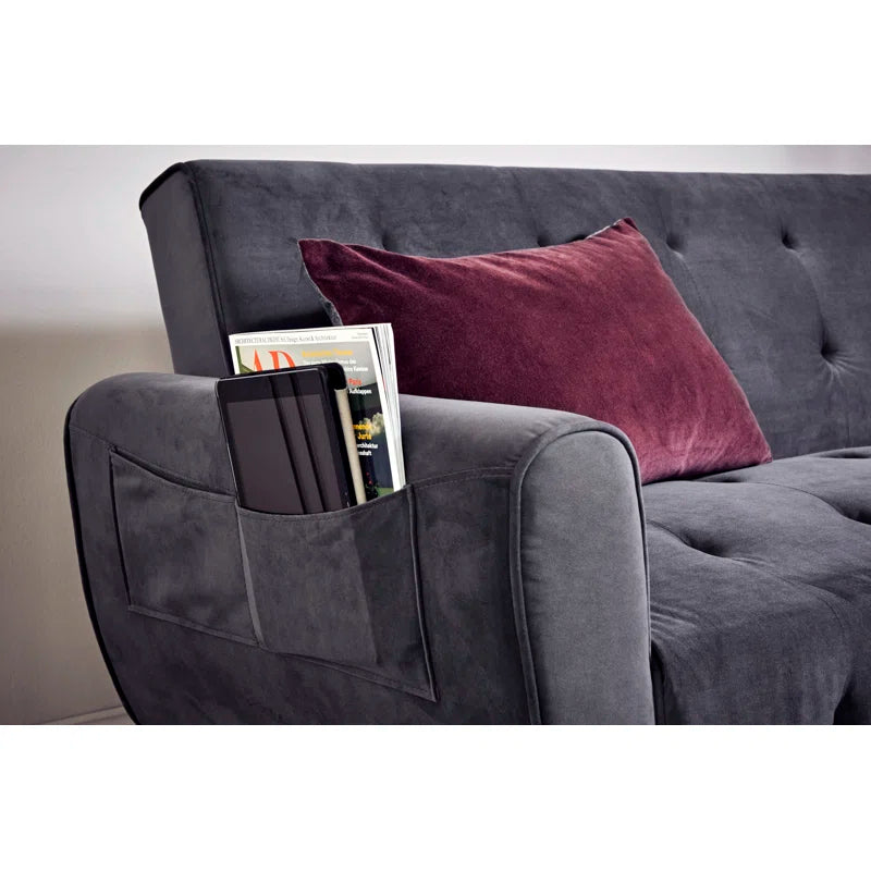 ADOUER WOOD Solid Wood Frame Adjustable Backrest Blue Sleeper Sofa Bed With Side Pocket