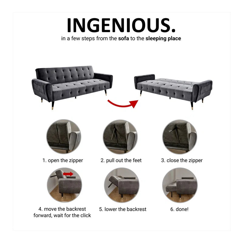 ADOUER WOOD Solid Wood Frame Adjustable Backrest Blue Sleeper Sofa Bed With Side Pocket