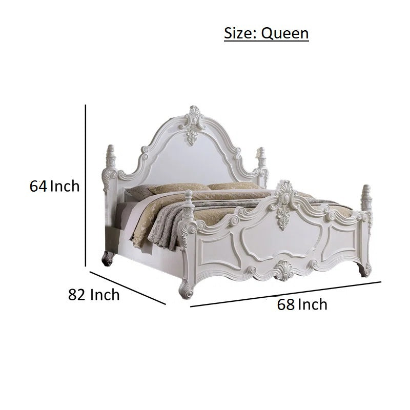 ADOUER WOOD Luxurious Maharaja Hand Carved Sheesham Wood White Designer Bed (Without Storage)