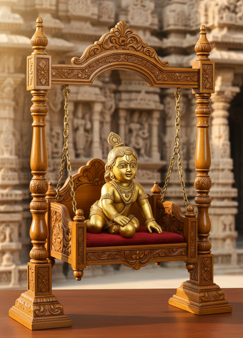 Minimalistic Hand-Carved Teak Wood Jhula for Laddu Gopal -Wooden Swing with Chains and Velvet Seating