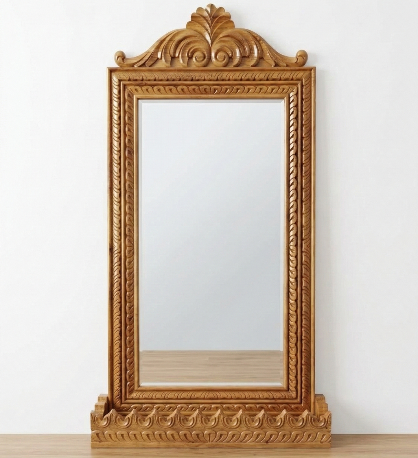 ADOUER WOOD Hand-Carved Solid Wood Full-Length Mirror with Built-in Display Shelf