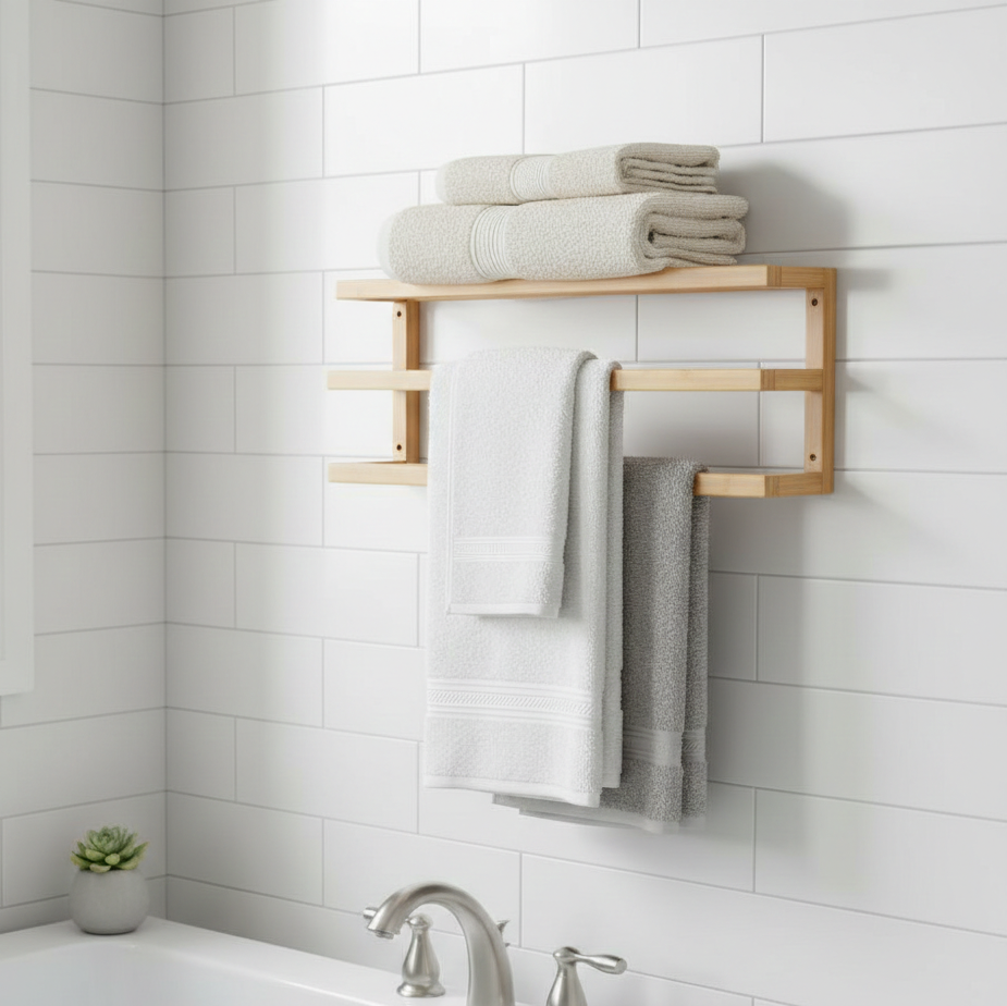 ADOUER WOOD 3-Tier Wall-Mounted Towel Rack: Space-Saving Triple Rail Organizer