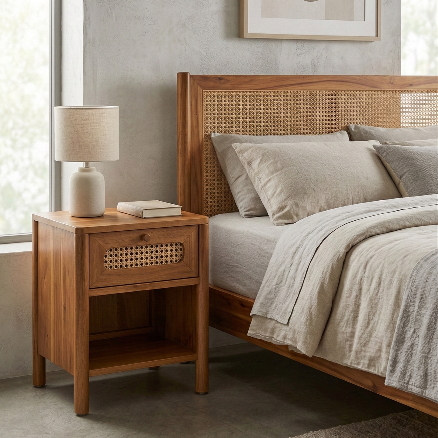 ADOUER WOOD The Elora Bedside Table: Minimalist Nightstand with Woven Cane Accents