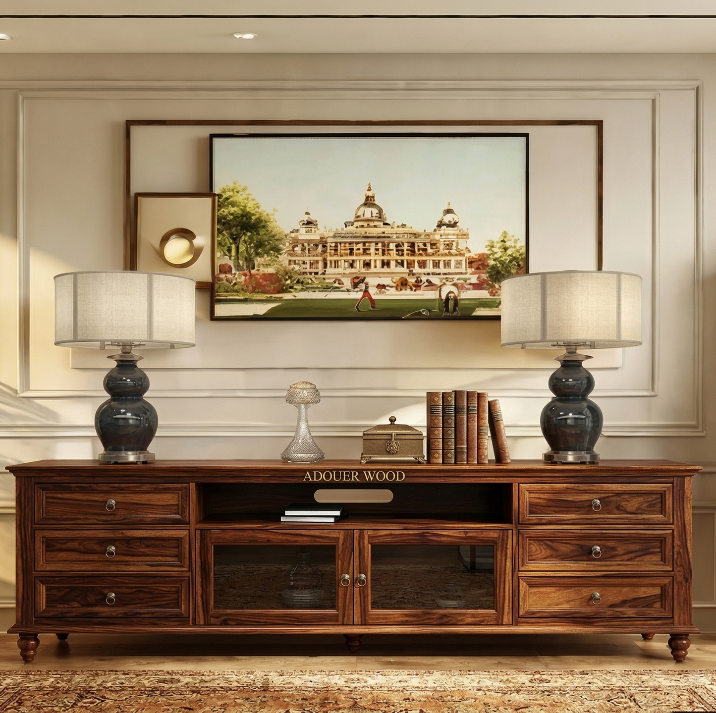 Adouer Wood Solid Acacia TV Console – 6-Drawer Mid-Century Modern Entertainment Center with Fiber Glass Doors