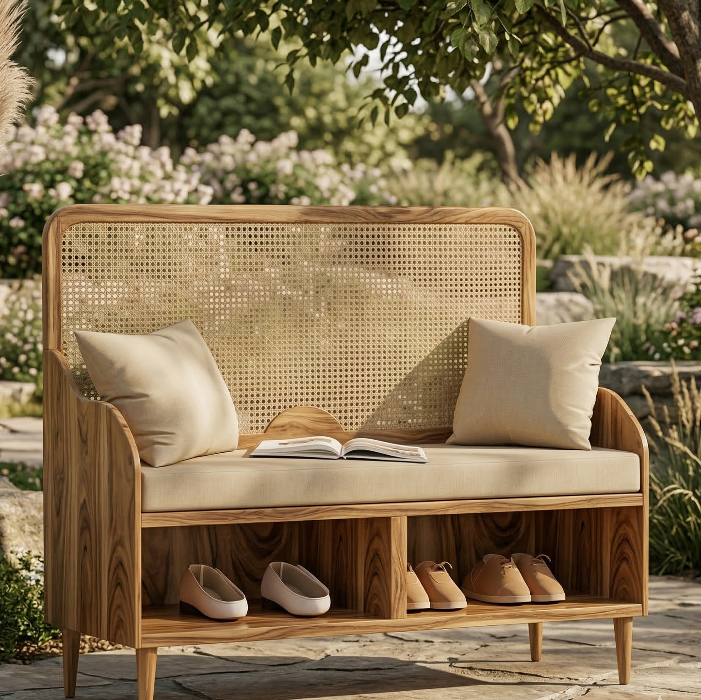 ADOUER WOOD Mid-Century Modern Rattan Entryway Bench with Integrated Shoe Storage