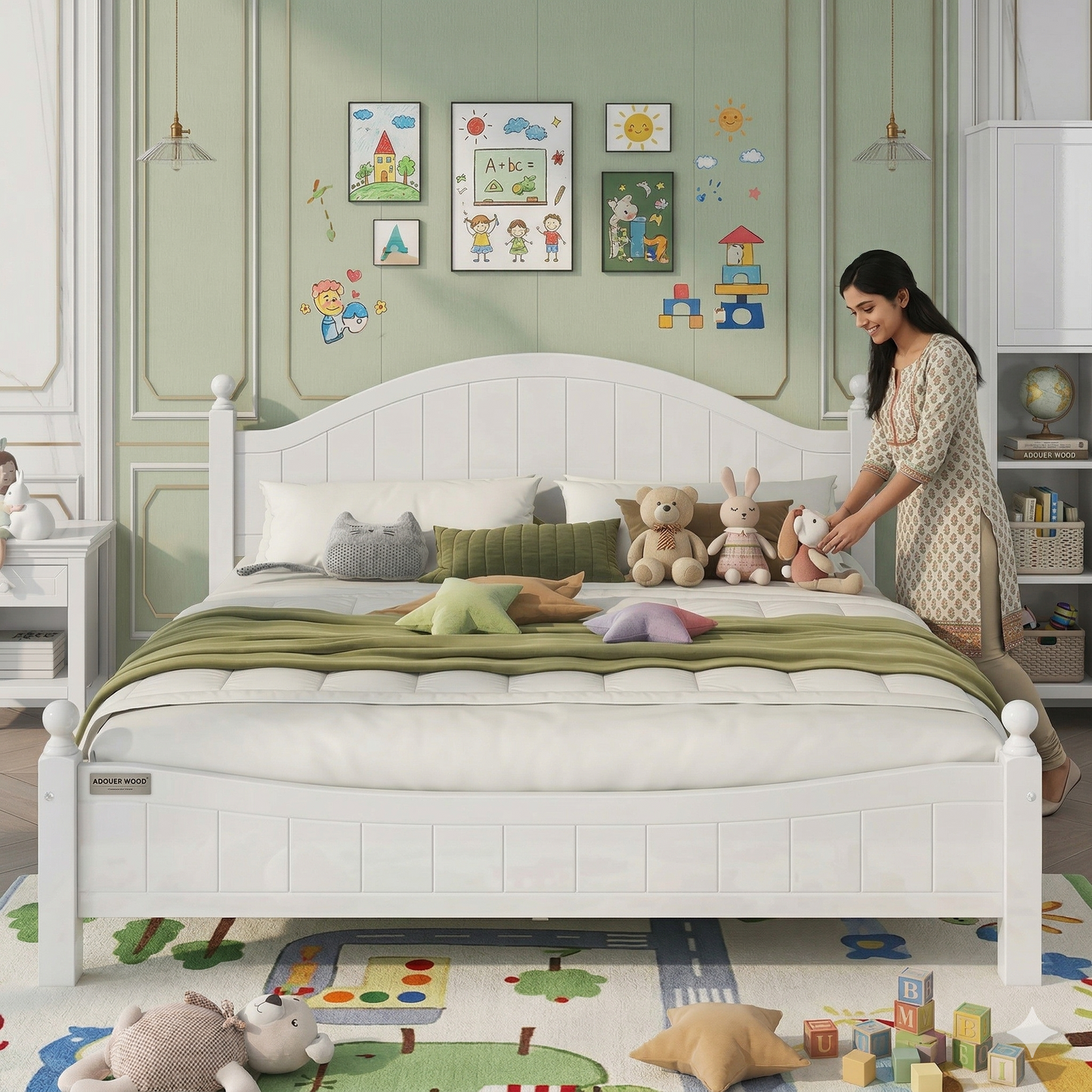 Adouer Wood "Elegant White Solid Sheesham Wooden Bed Frame with Arched Headboard and Classic Finials"