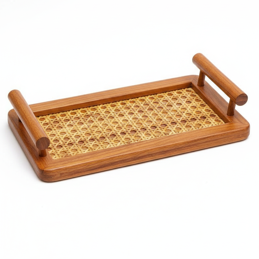 ADOUER WOOD Handcrafted Serving Tray with Natural Rattan Inlay and Dual Handles