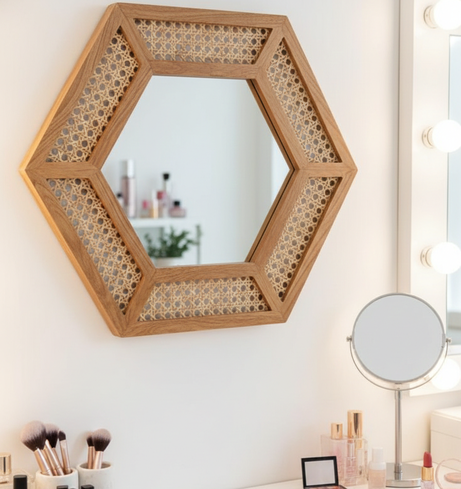 ADOUER WOOD Mirror – 34" Boho Honeycomb Mirror with Rattan Webbing Detail