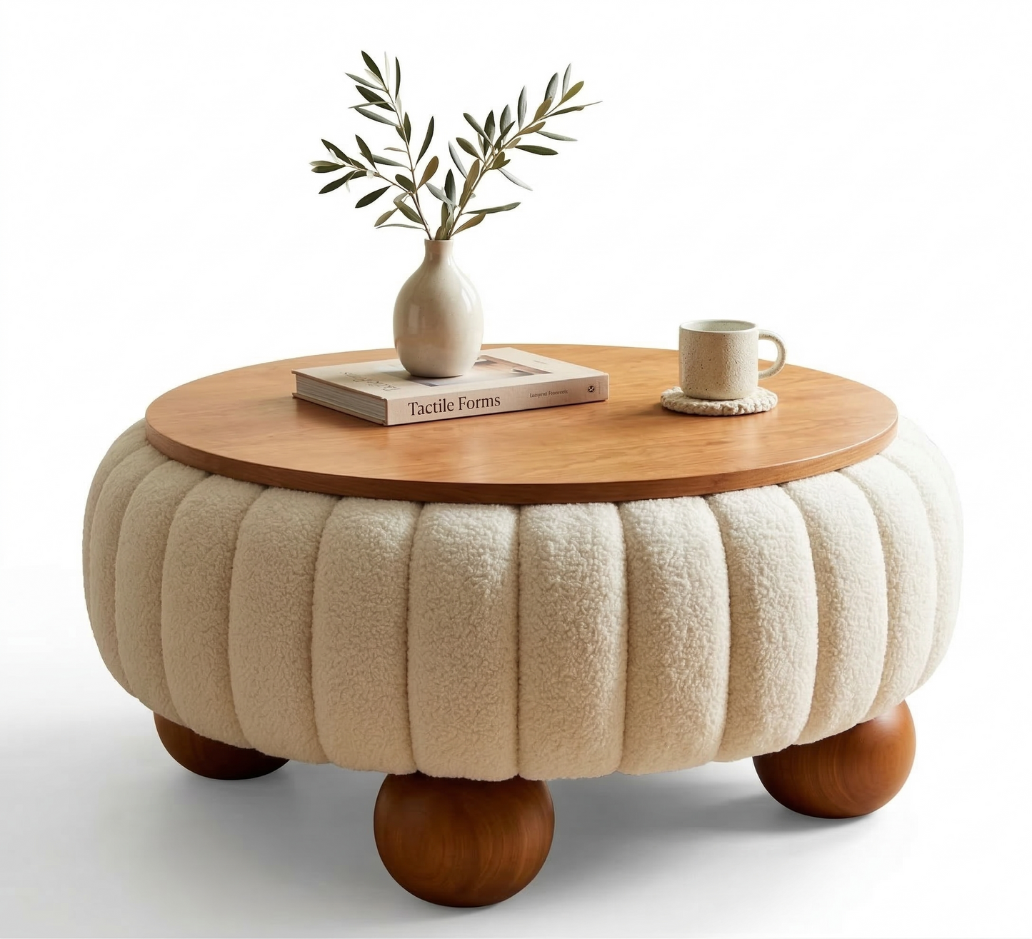 ADOUER WOOD Modern Bouclé Round Coffee Table – 2-in-1 Upholstered Ottoman with Solid Wood Top
