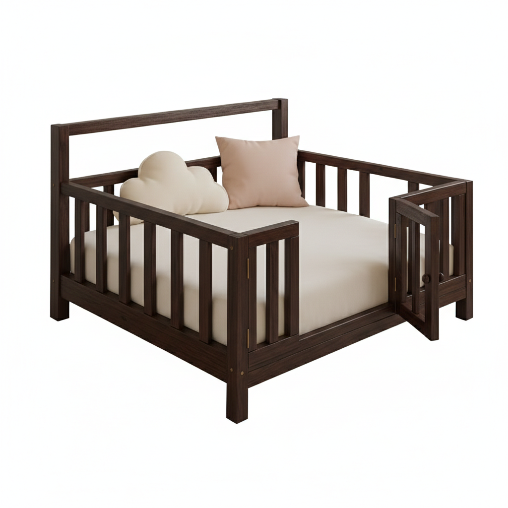 ADOUER WOOD Solid Wood Montessori Floor Bed with Safety Gate – Toddler Transition Cot