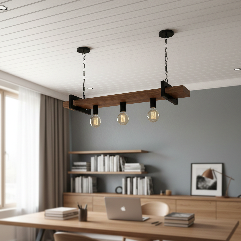 ADOUER WOOD Handcrafted Wood Beam Chandelier – Industrial Linear Pendant Light with Edison Bulbs