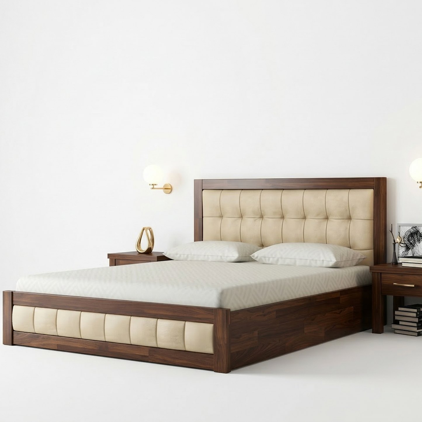 ADOUER WOOD Modern Solid Wood Bed Frame with Cream Upholstered Headboard & Footboard