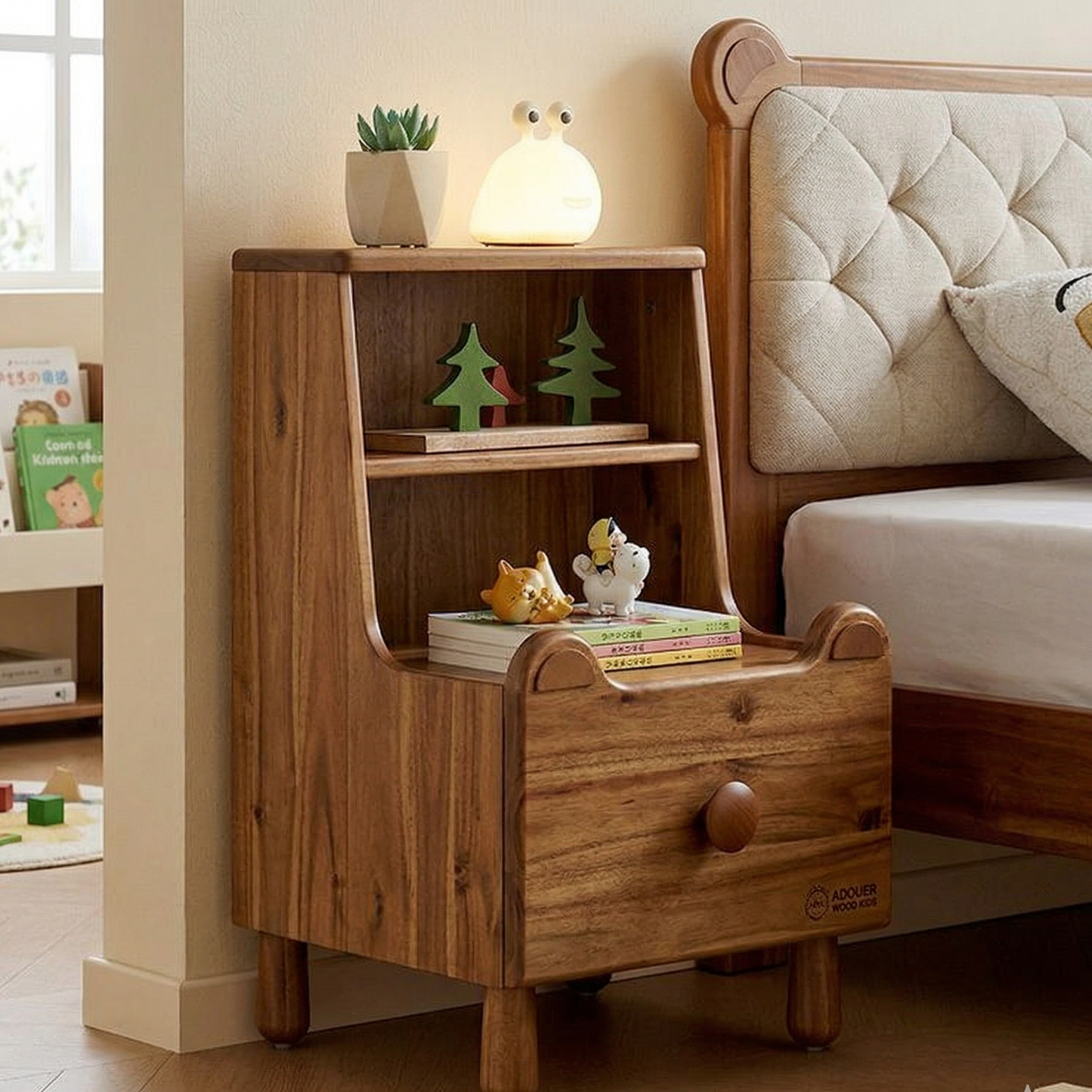 ADOUER WOOD Cute Bear-Ear Kids Bedside Table with Storage Drawer & Open Shelf