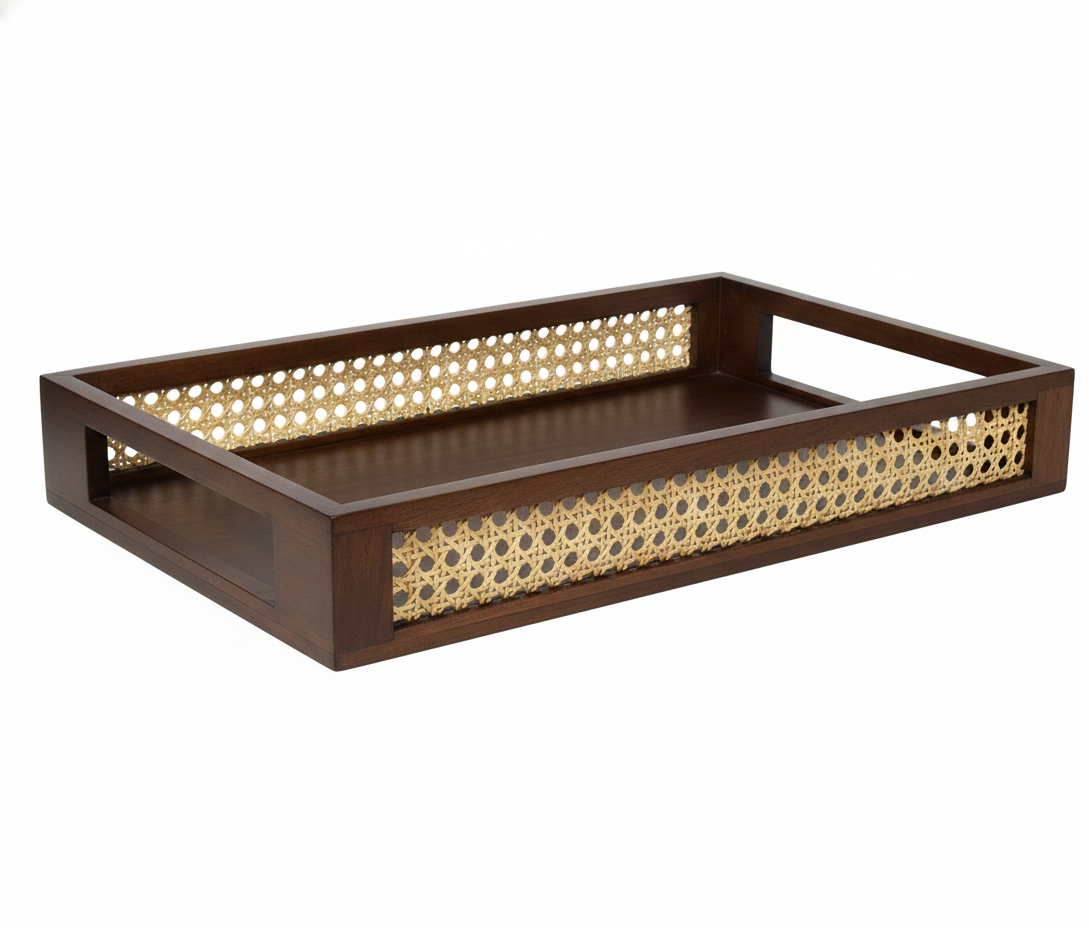 ADOUER WOOD Rectangular Wooden Serving Tray with Rattan Cane Inlay & Cutout Handles
