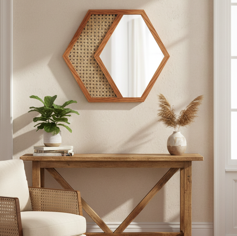 ADOUER WOOD Hexagonal Acacia Wood Wall Mirror with Natural Cane Webbing