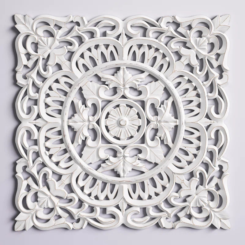 ADOUER WOOD Luxuries Solid Wood Hand Carved Wall Art For Home & Office (White Distressed)