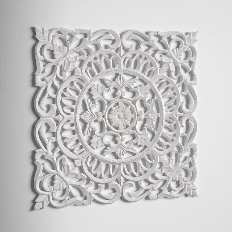 ADOUER WOOD Luxuries Solid Wood Hand Carved Wall Art For Home & Office (White Distressed)