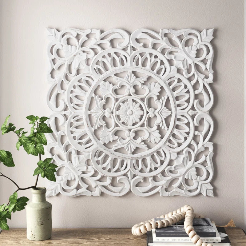 ADOUER WOOD Luxuries Solid Wood Hand Carved Wall Art For Home & Office (White Distressed)