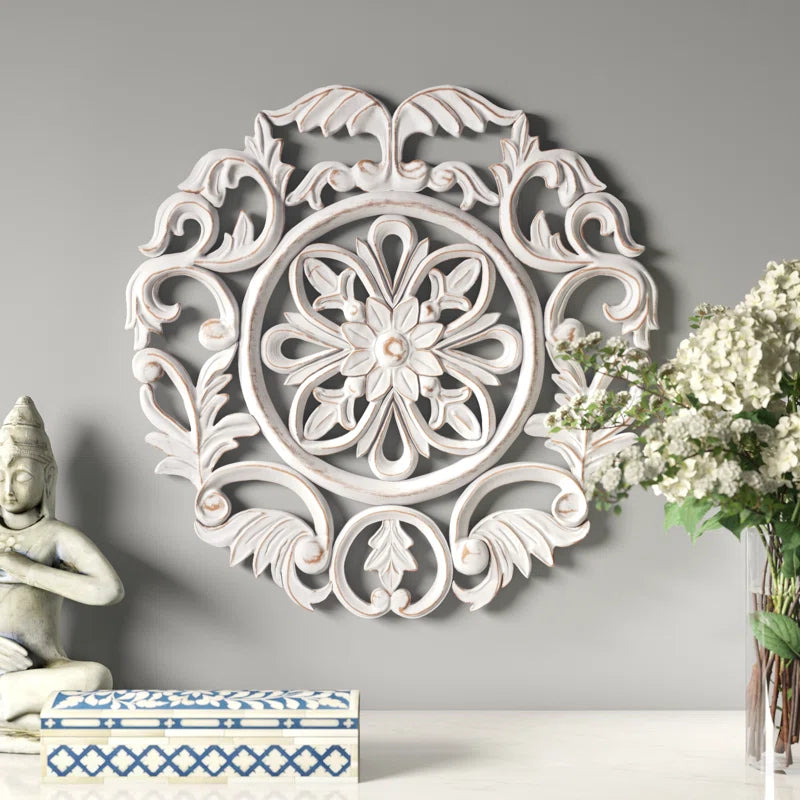 ADOUER WOOD Sheesham Wood White Distressed Hand Made Carved Wall Art for Home & Office