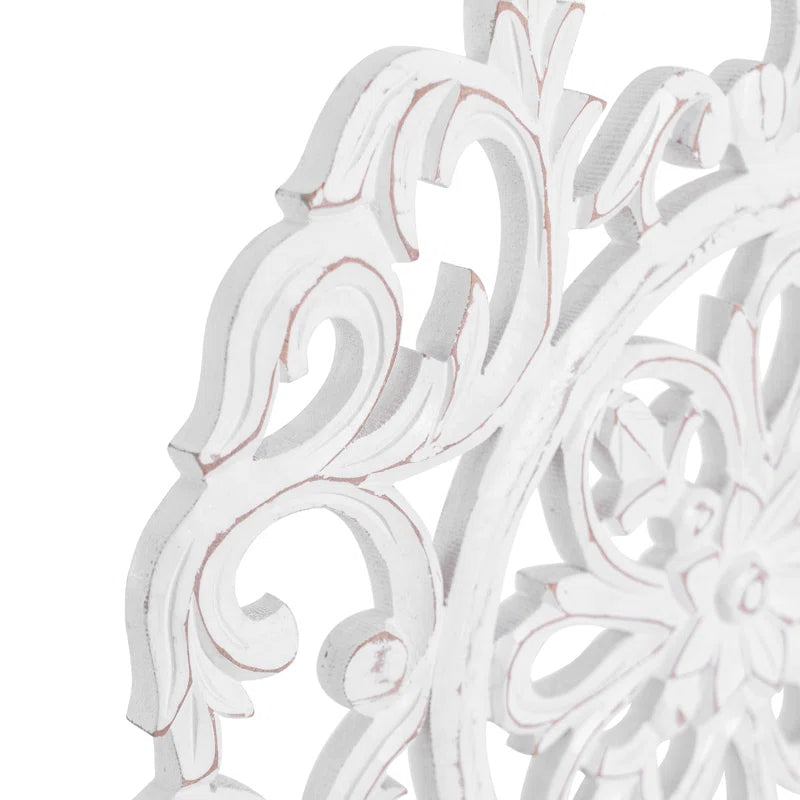 ADOUER WOOD Sheesham Wood White Distressed Hand Made Carved Wall Art for Home & Office