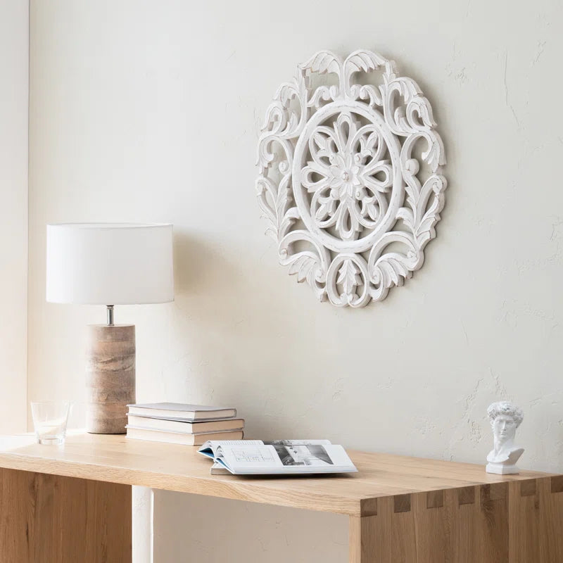 ADOUER WOOD Sheesham Wood White Distressed Hand Made Carved Wall Art for Home & Office