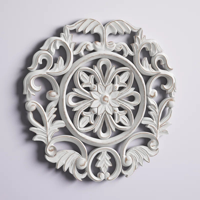 ADOUER WOOD Sheesham Wood White Distressed Hand Made Carved Wall Art for Home & Office