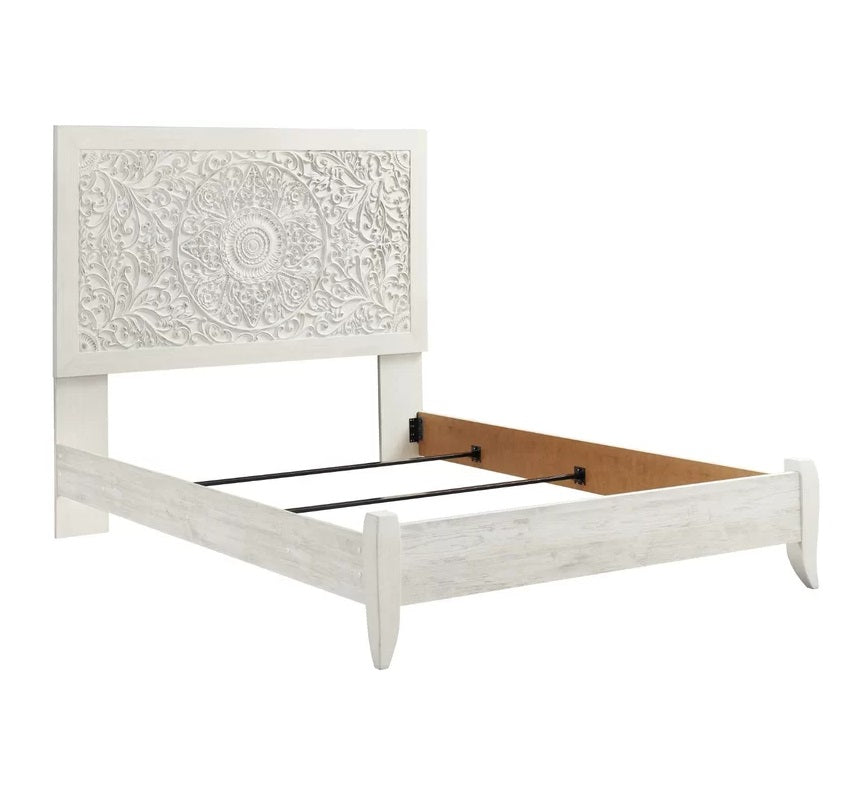 ADOUER WOOD Solid Sheesham Wood Luxuries Distressed Hand Carving Bed, Without Storage