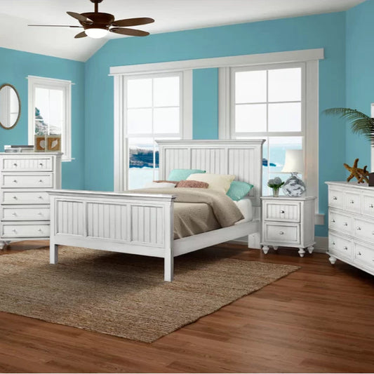 Adouer Wood "Elegant White Solid Sheesham Panel Bed with High Headboard and Footboard"