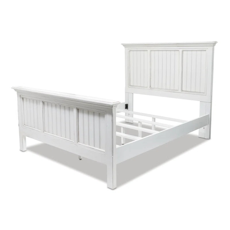 Adouer Wood "Elegant White Solid Sheesham Panel Bed with High Headboard and Footboard"