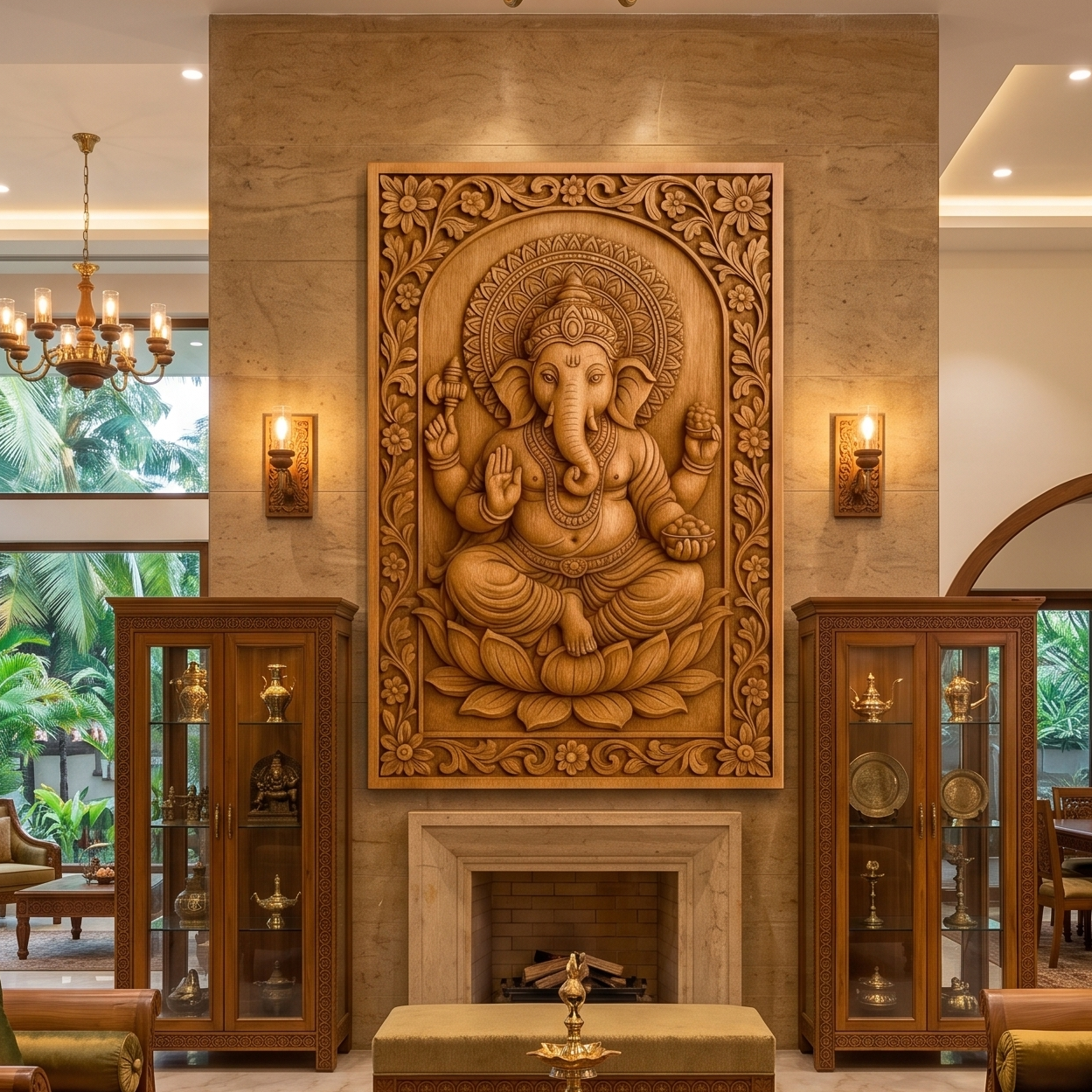 Large carved wooden wall art depicting Lord Ganesha, displayed in a luxurious living room setting above a fireplace.