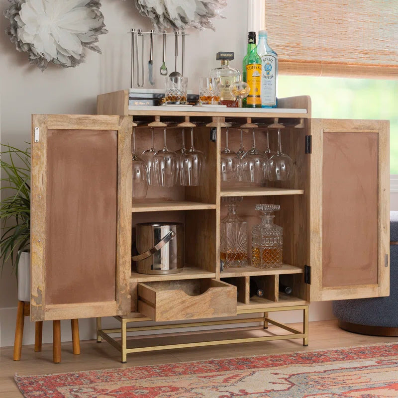 Adouer Wood Modern Solid Sheesham Wooden Bar Cabinet with Glass Storage, Wine Racks With Doors