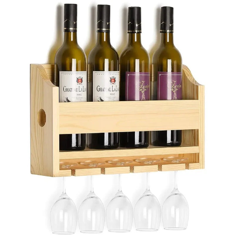 Adouer Wood "Wall-Mounted Solid Sheesham Wooden Wine Rack with Glass Holder - Holds 4 Bottles and 4 Glasses"