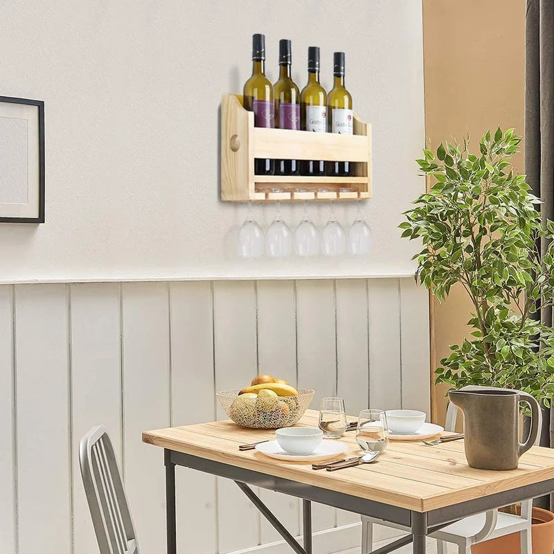 Adouer Wood "Wall-Mounted Solid Sheesham Wooden Wine Rack with Glass Holder - Holds 4 Bottles and 4 Glasses"