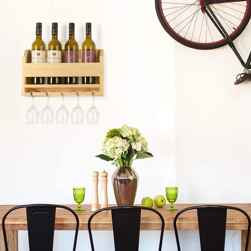 Adouer Wood "Wall-Mounted Solid Sheesham Wooden Wine Rack with Glass Holder - Holds 4 Bottles and 4 Glasses"