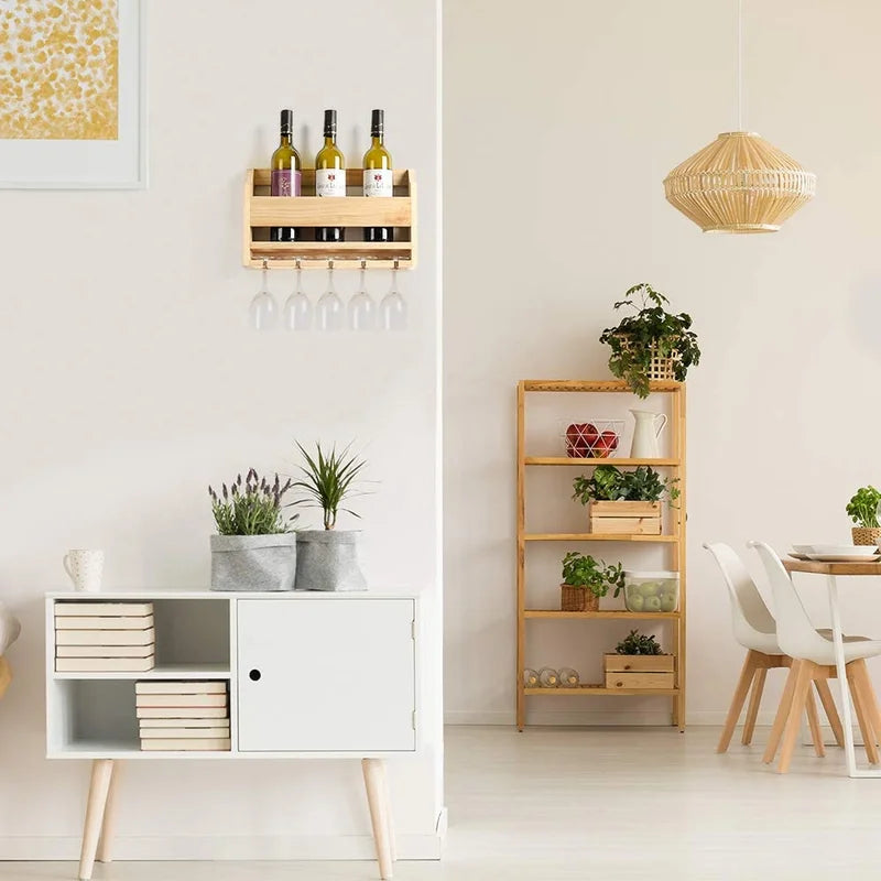Adouer Wood "Wall-Mounted Solid Sheesham Wooden Wine Rack with Glass Holder - Holds 4 Bottles and 4 Glasses"