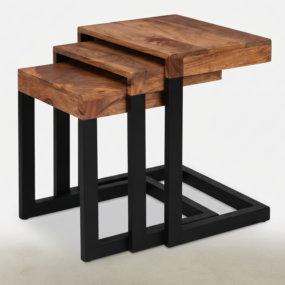 ADOUER WOOD Modern Mango Wood Nesting Coffee/Side Tables with Black Wood Frame