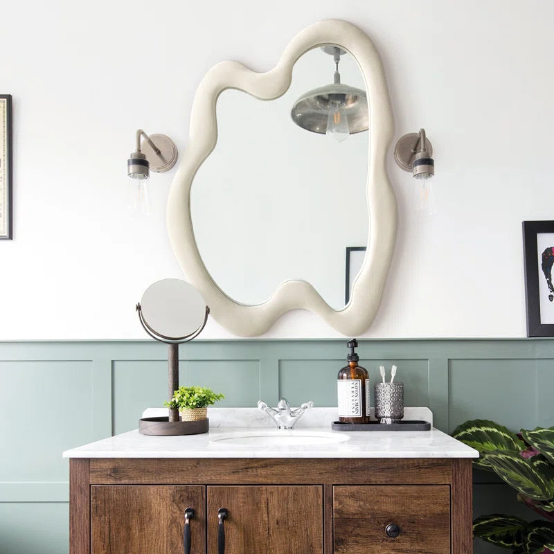 ADOUER WOOD 36" Wavy Mirror With Flannel Wrapped Wooden Frame, Modern Decorative Mirror for Living Room, Entryway, Bedroom, Dining Room, Living Room