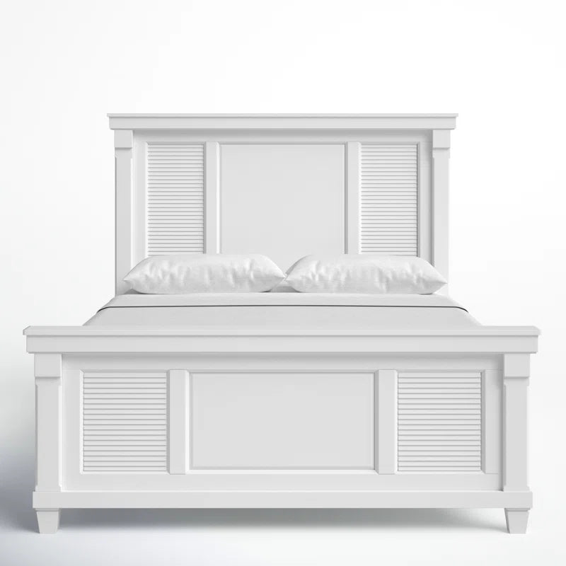 Adouer Wood "Solid Sheesham Wood Panel Bed with Louvered Design – White Finish"