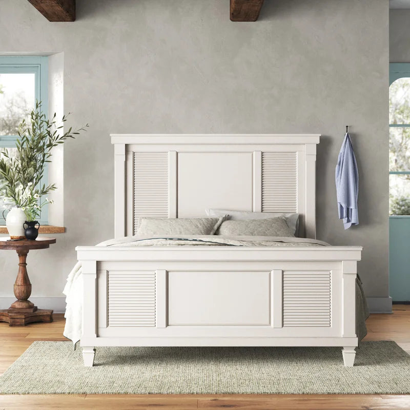 Adouer Wood "Solid Sheesham Wood Panel Bed with Louvered Design – White Finish"
