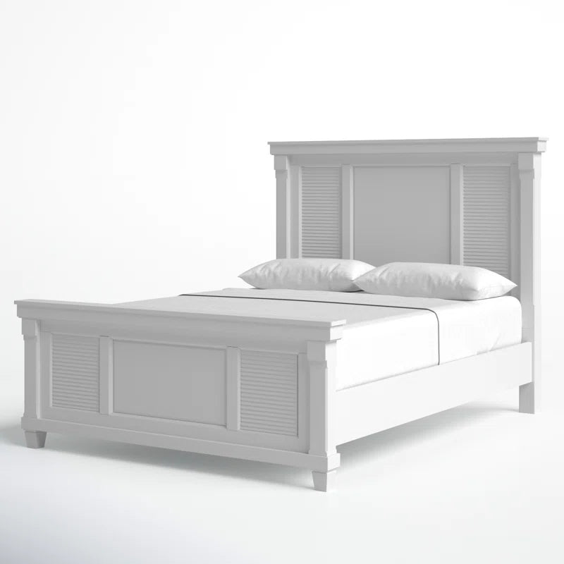 Adouer Wood "Solid Sheesham Wood Panel Bed with Louvered Design – White Finish"