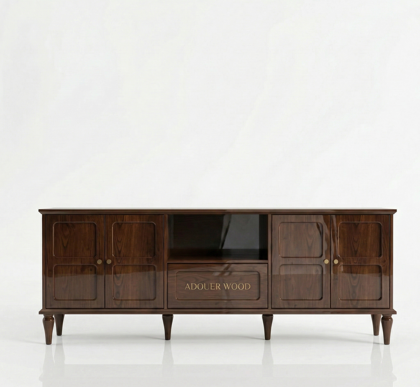 ADOUER WOOD Mid-Century Modern Solid Wood TV Unit with 4 Doors & Center Drawer