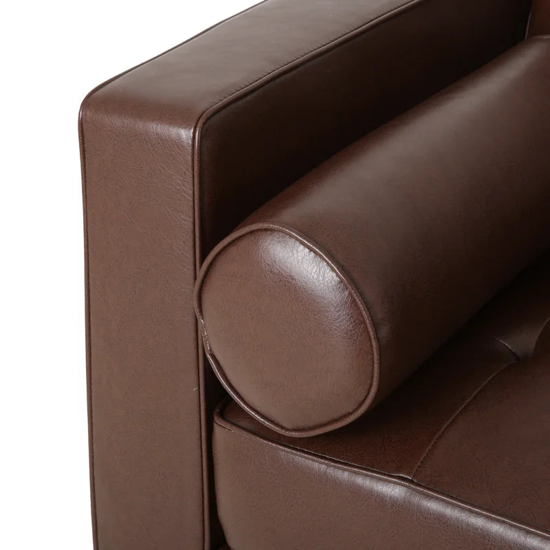 ADOUER WOOD Classic Design With Tufted Backrest Solid Wood Frame Brown Leatherette Fabric Sofa With Bolsters