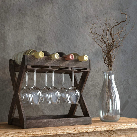 Adouer Wood "Rustic Soild Sheesham Wooden Wine Rack and Glass Holder with Cork Storage"
