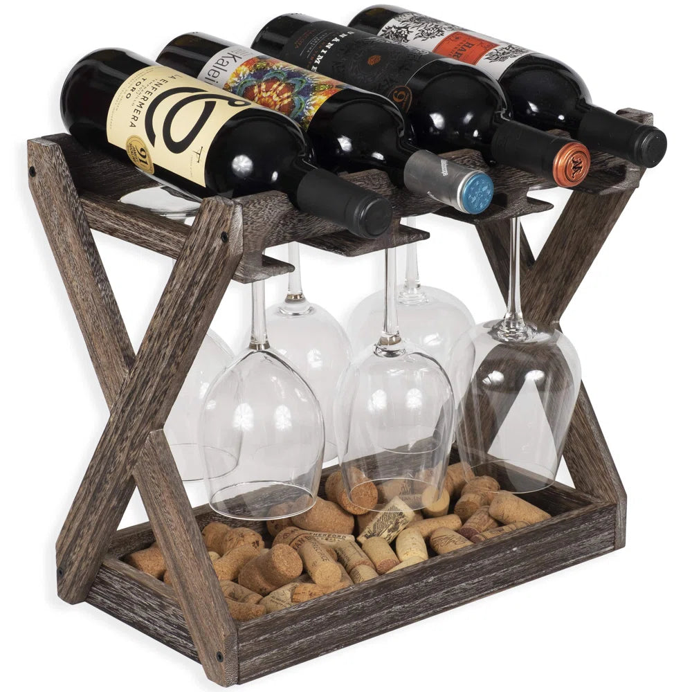 Adouer Wood "Rustic Soild Sheesham Wooden Wine Rack and Glass Holder with Cork Storage"