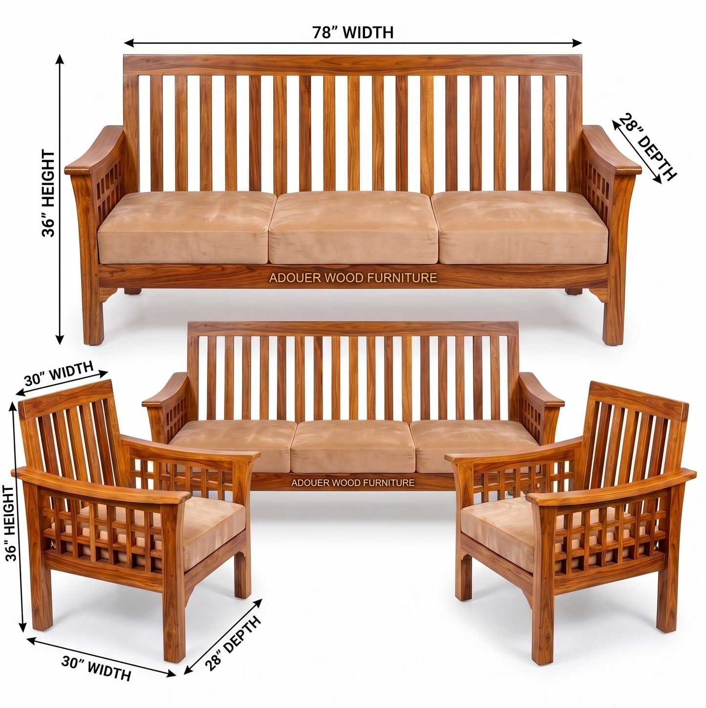 Wooden outdoor seating set shown with dimension callouts: a three-seat sofa, two matching armchairs, and overlaid measurements for width, height, and depth. The furniture has a warm medium-brown wood finish and tan cushions on a white background.