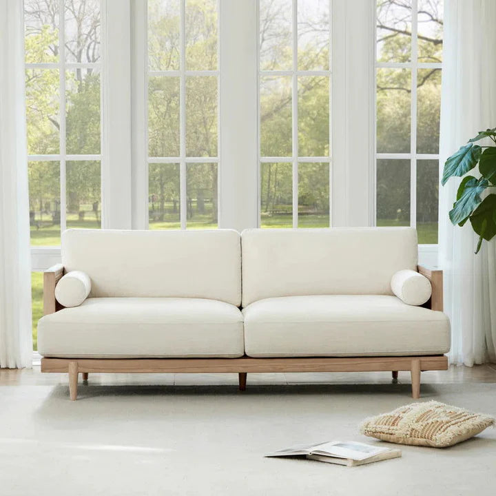ADOUER WOOD "Mid-Century Solid Wood Cane Sofa with Cream Upholstery – Handcrafted 3-Seater for Home, Office & Hotel Lounge"