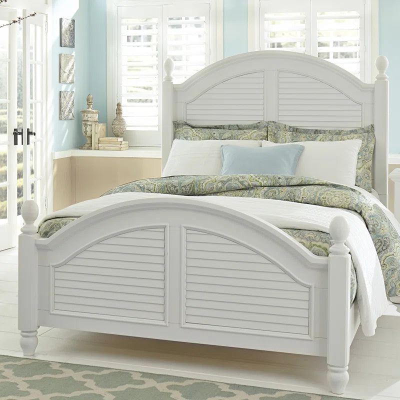 Adouer Wood "Coastal White Solid Sheesham Wood Premium Bed with Arched Headboard and Shutter Detailing"