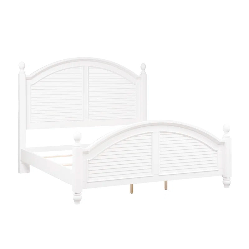 Adouer Wood "Coastal White Solid Sheesham Wood Premium Bed with Arched Headboard and Shutter Detailing"