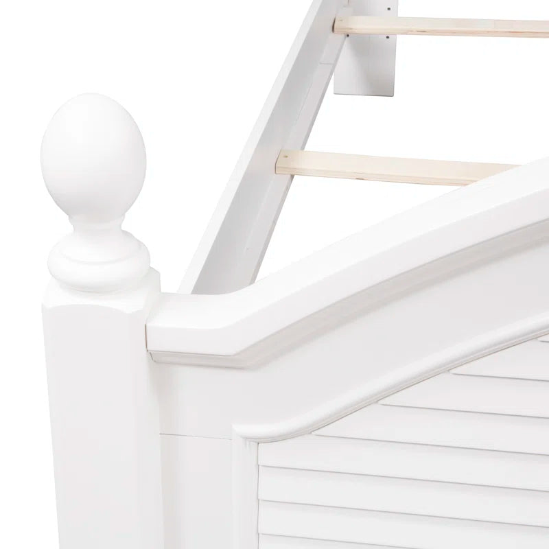 Adouer Wood "Coastal White Solid Sheesham Wood Premium Bed with Arched Headboard and Shutter Detailing"